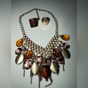 Elegant Gold and Brown Statement Necklace and 2 rings